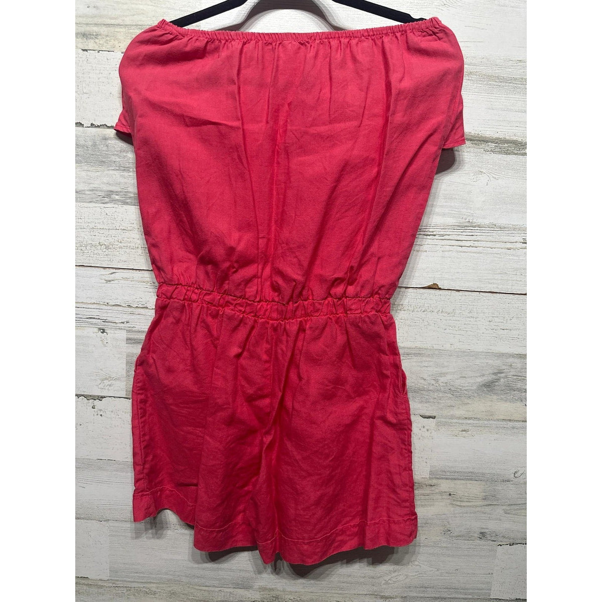 Jolie Romper Womens Medium Pink Linen Blend Strapless Ruffle EUC1