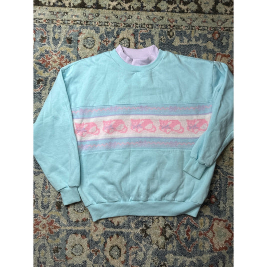 Huntington Ridge Cat Sweatshirt Women L Blue Pink Knit Graphic Retro Mock Neck0
