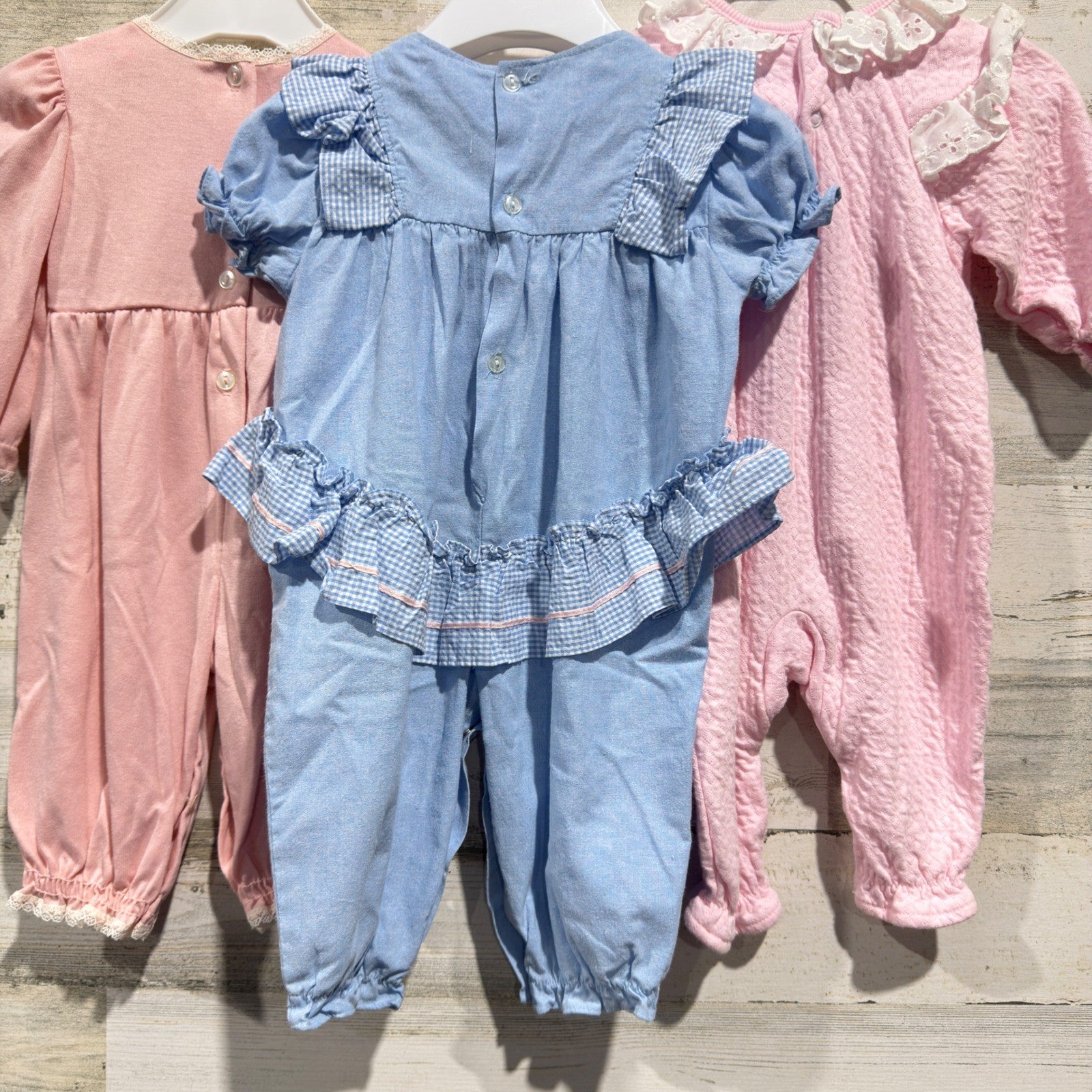 Vintage Romper Bundle Girls 6-9 Months Pink Blue Peach Lace Ruffle Retro GUC10