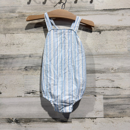 James & Lottie Seersucker Sunsuit Romper Baby 12M Blue White Striped Classic EUC0