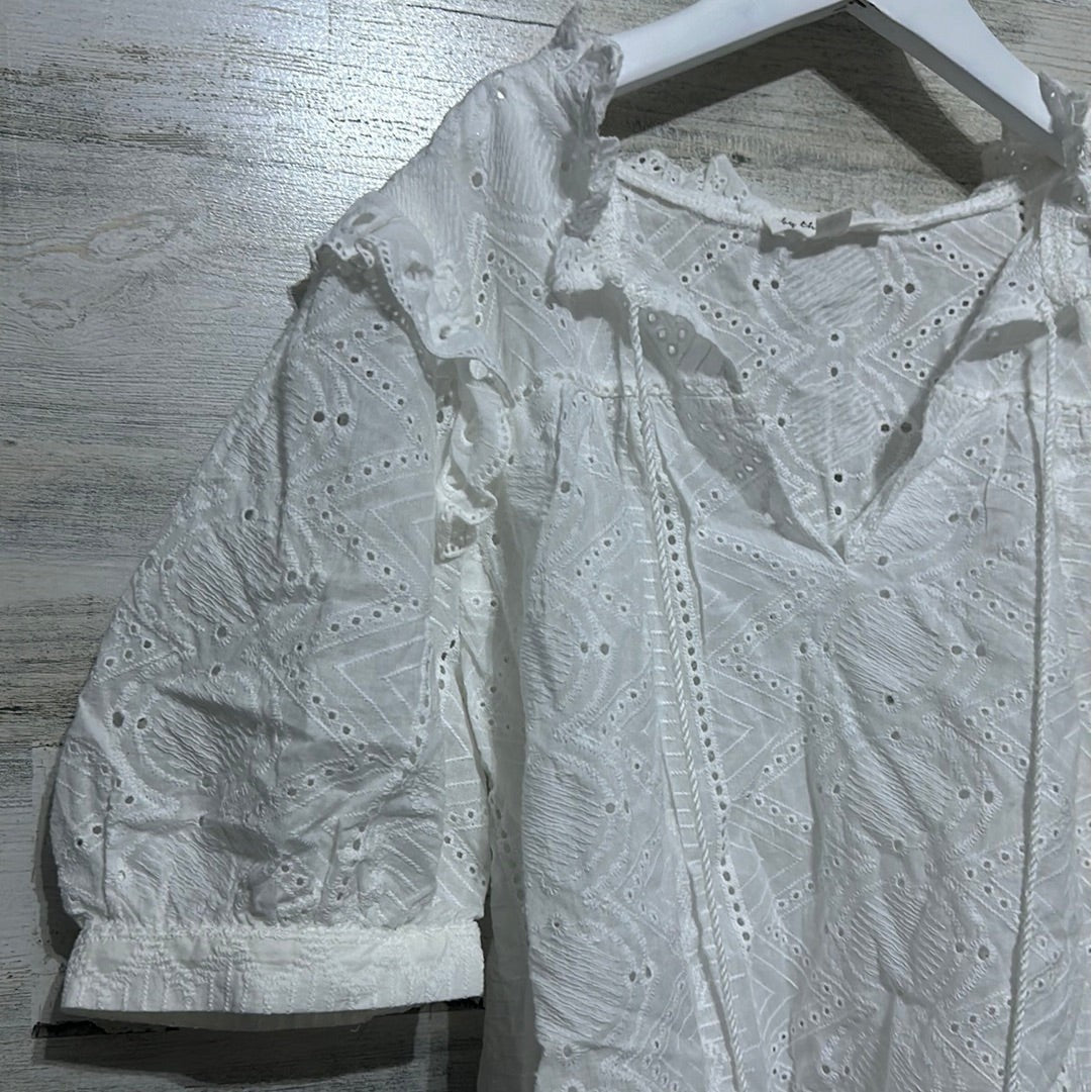 By The River Eyelet Lace Top Women Small White Boho Ruffle Scallop EUC1
