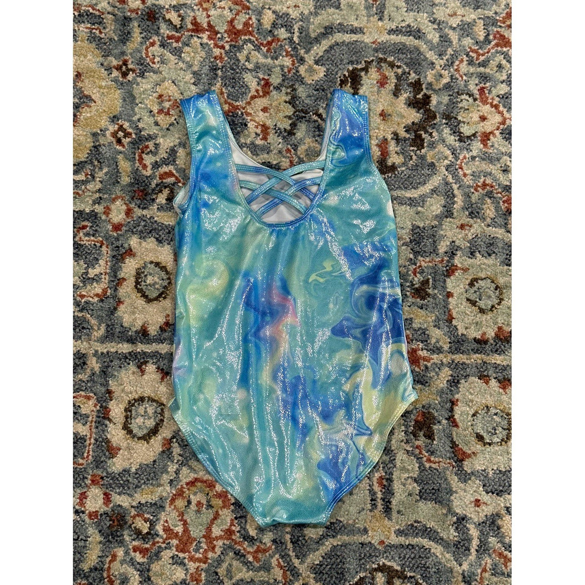 Leotard Girls 9Y Blue Marble Metallic Criss Cross Back EUC1