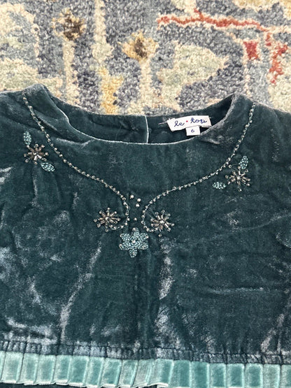 Le Top Velvet Dress Girls Size 6 Teal Beaded Floral Embroidery Holiday GUC1