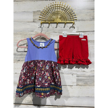 Matilda Jane Tunic Sew Sassy Shorts Girls 8 Purple Red Floral Ruffle Boho EUC0