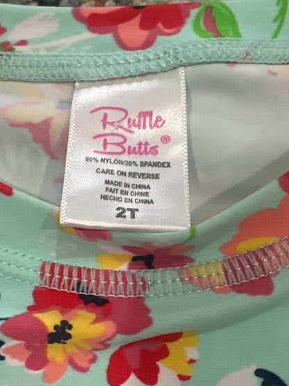 RuffleButts Rash Guard Girls 2T Aqua Floral Long Sleeve Side Tie EUC1