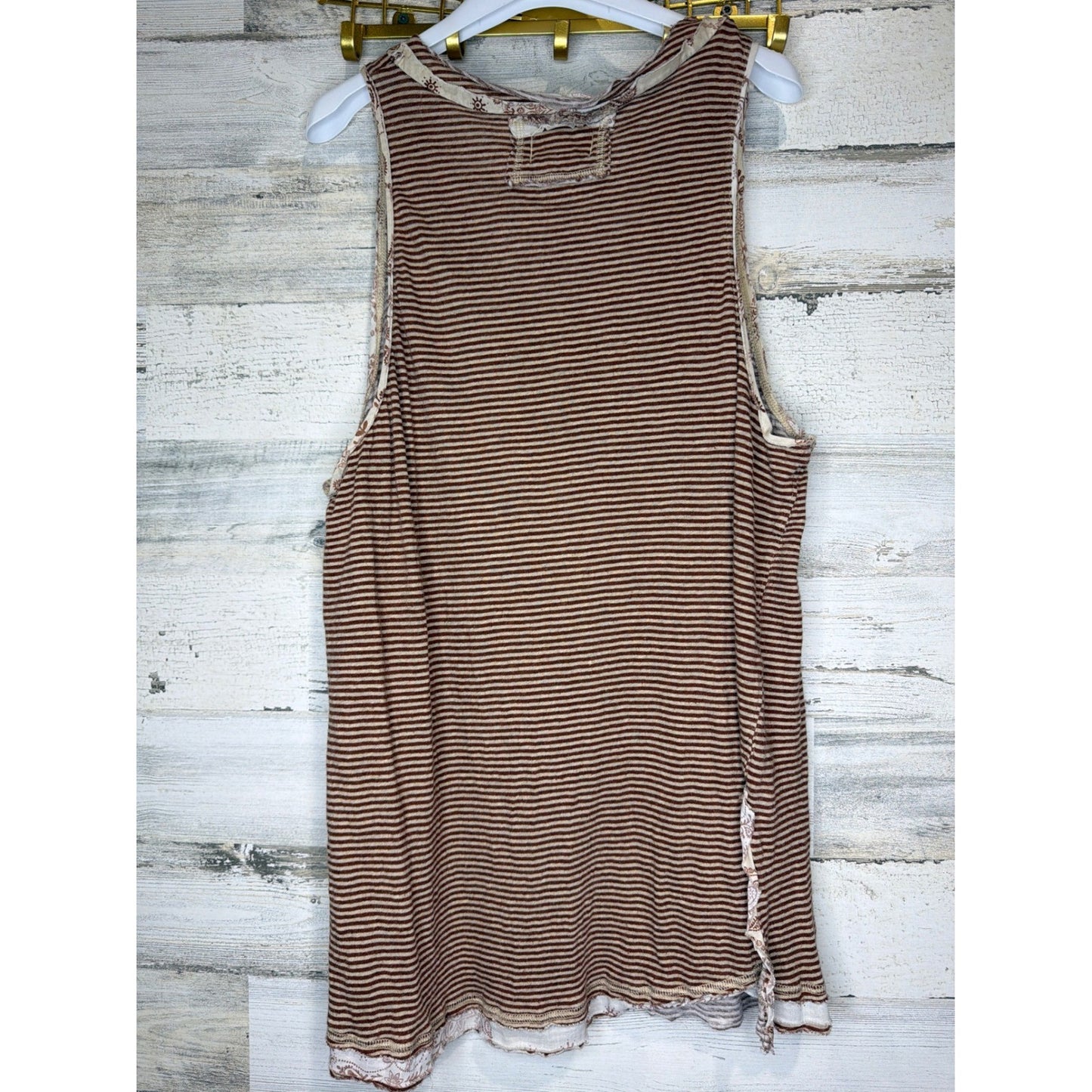 We The Free Henley Tank Top Women Large Brown Striped Thermal Boho Festival1