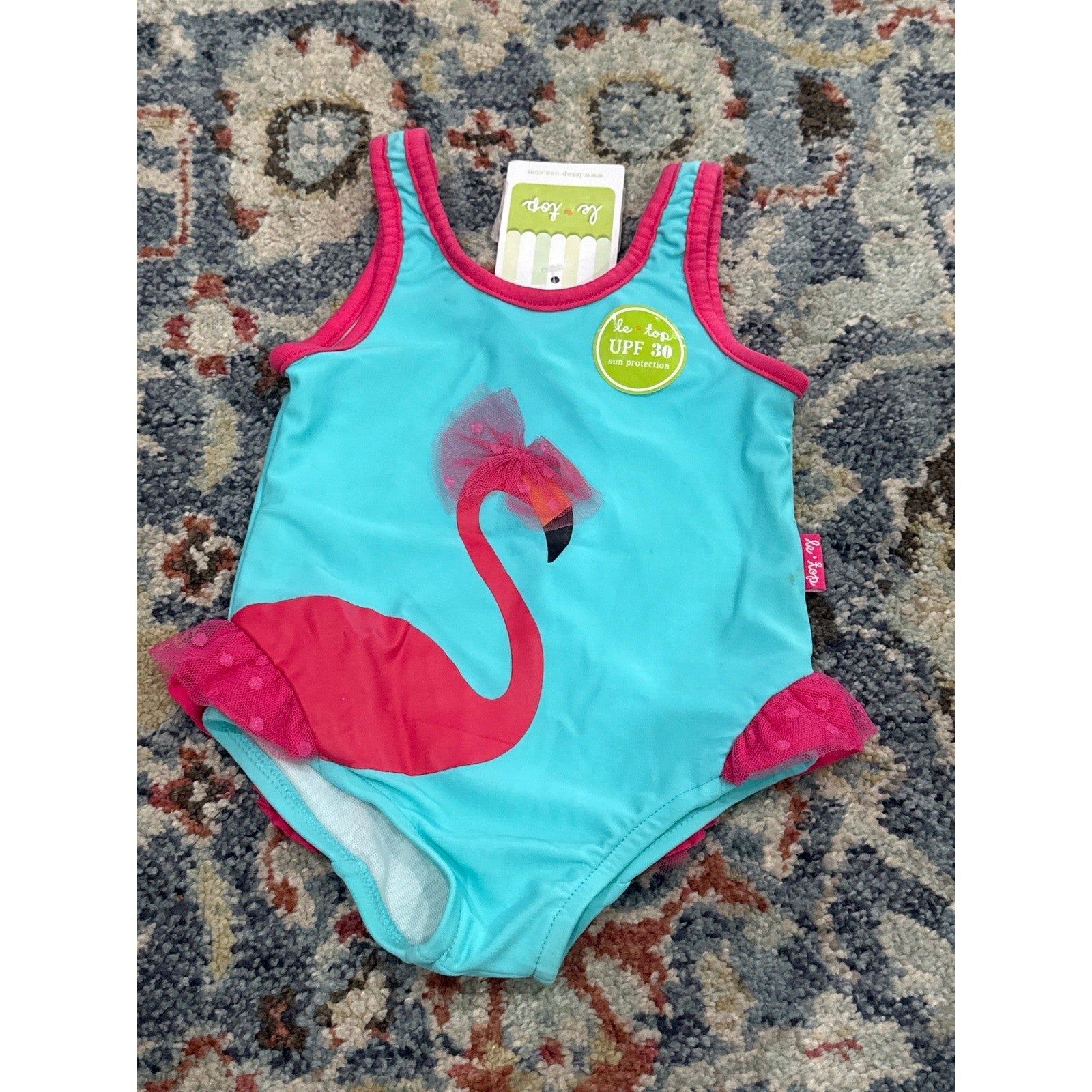 Le Top Swimsuit Girls 9M Turquoise Pink Flamingo Tulle UPF 30 NWT Flaws0