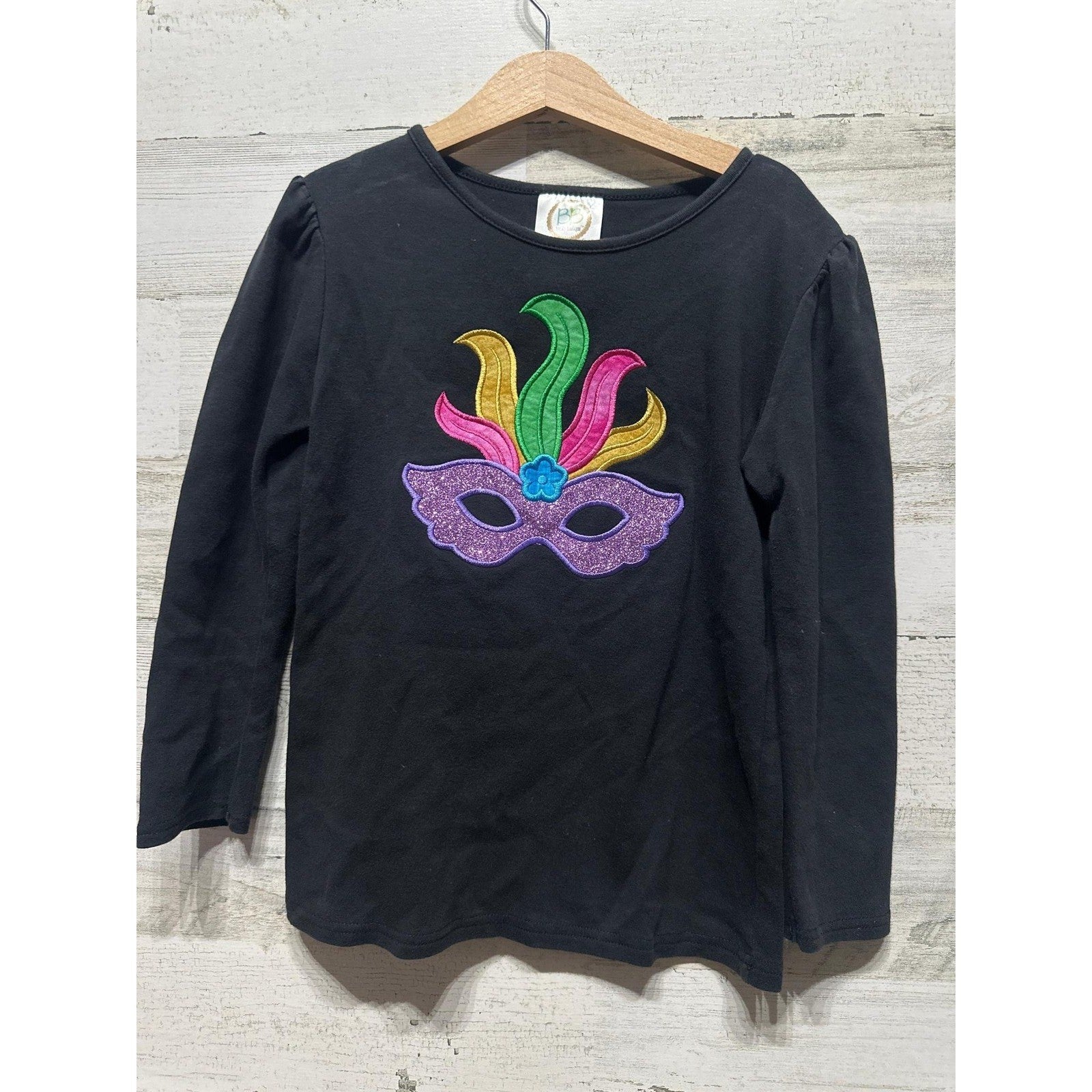 Blank Boutique Mardi Gras Mask Shirt Girls 10 Black Glitter Applique EUC0