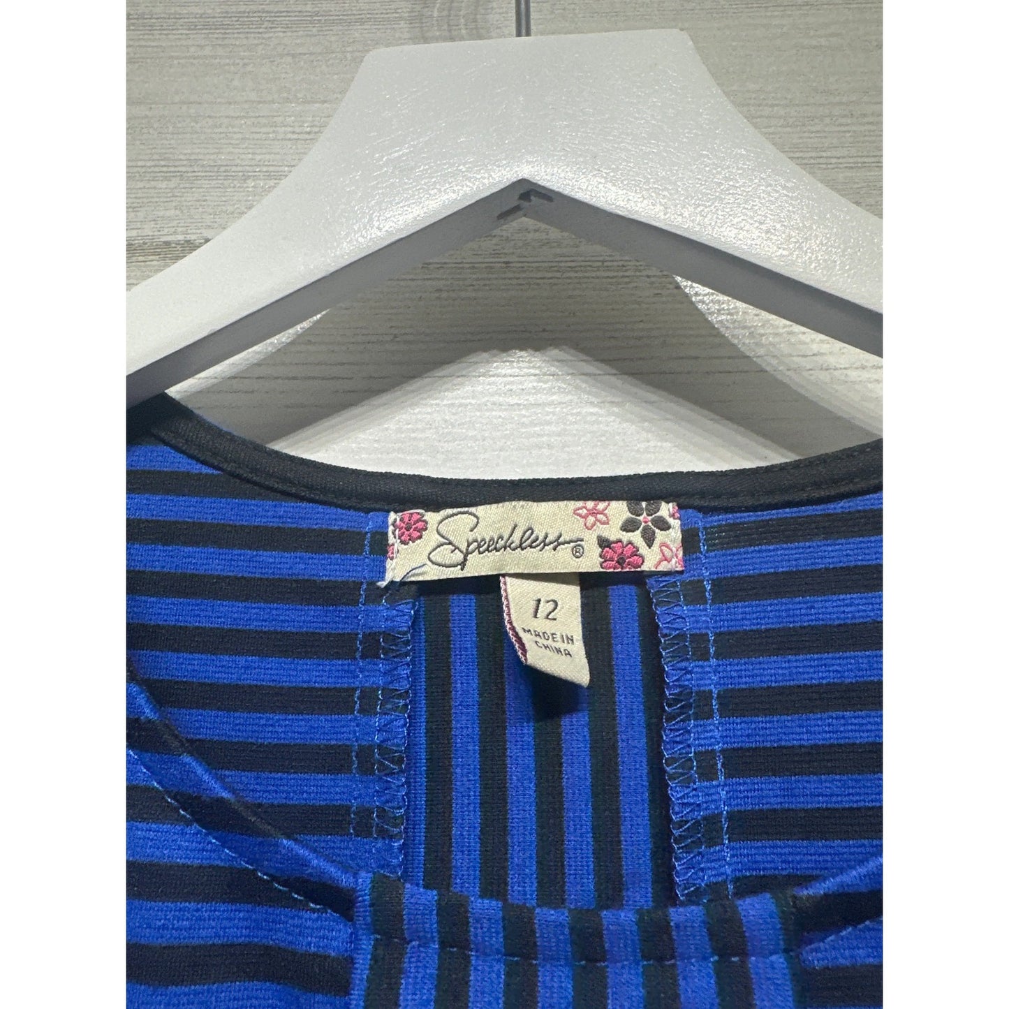 Speechless Skater Dress Girls Size 12 Blue Black Striped 3/4 Sleeve EUC1