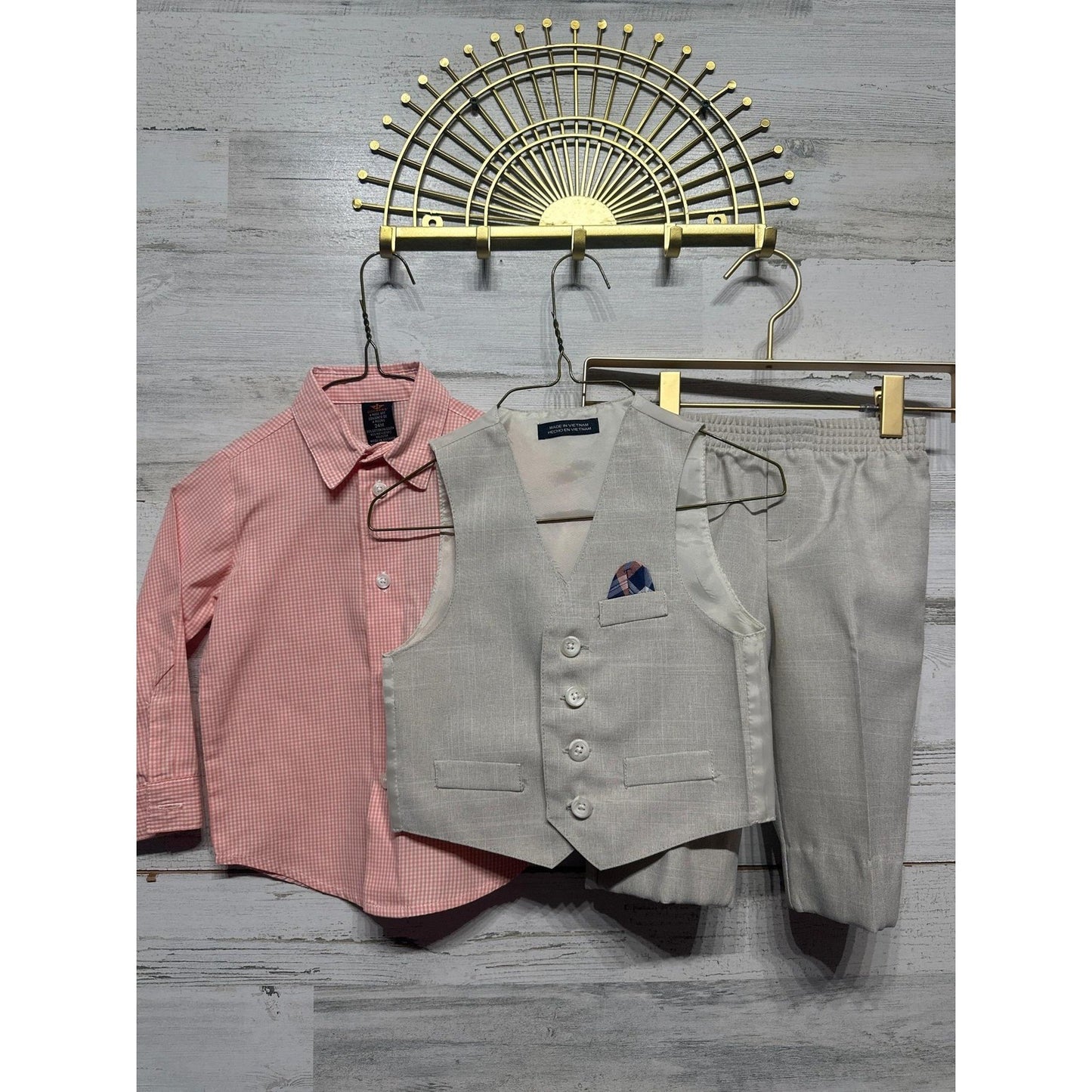 Dockers 3-Piece Suit Set Boys 24M Pink Beige Gingham Vest Pants GUC*Flawed0