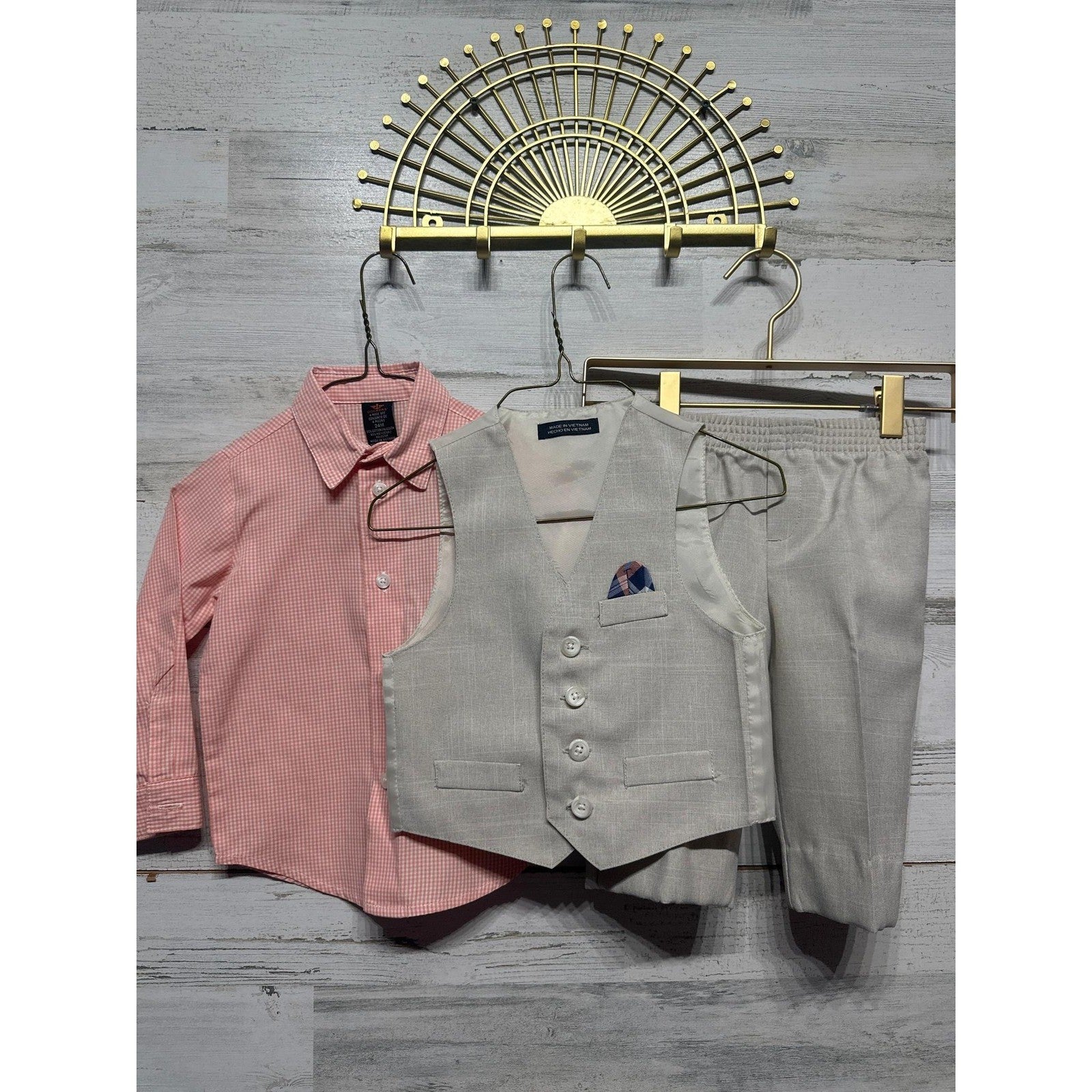 Dockers 3-Piece Suit Set Boys 24M Pink Beige Gingham Vest Pants GUC*Flawed0