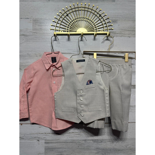 Dockers 3-Piece Suit Set Boys 24M Pink Beige Gingham Vest Pants GUC*Flawed0