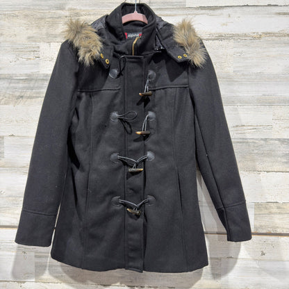 Alpine Swiss Duffle Coat Women Small Black Faux Fur Hood Toggle Wool Blend EUC0