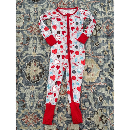 Little Sleepies Zippy Pajamas Kids 2T Grey Red Hearts Candy EUC0