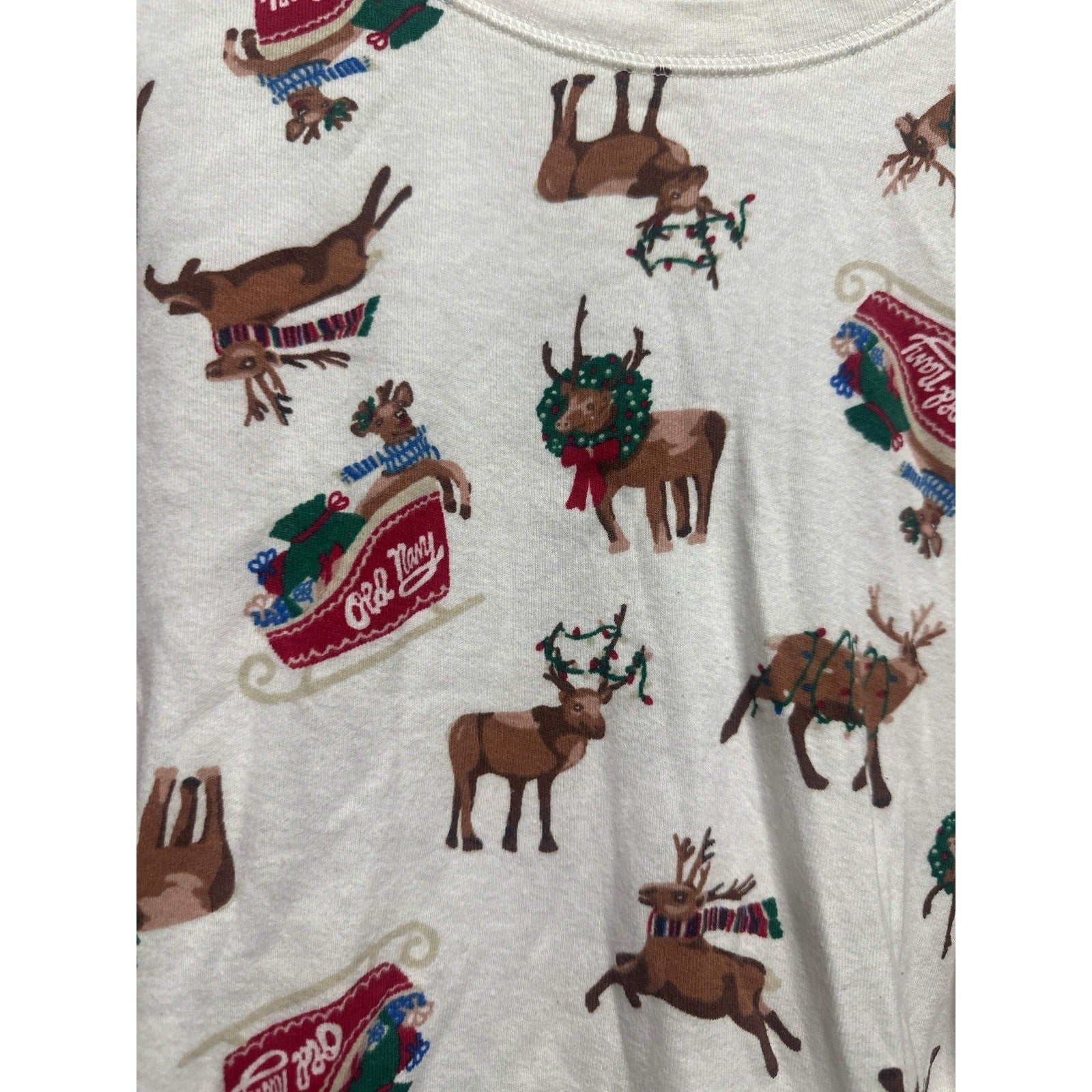 Old Navy Pajama Set Youth XL White Reindeer Sleigh Print EUC1