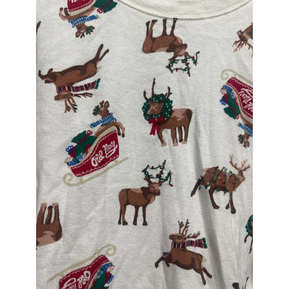 Old Navy Pajama Set Youth XL White Reindeer Sleigh Print EUC1