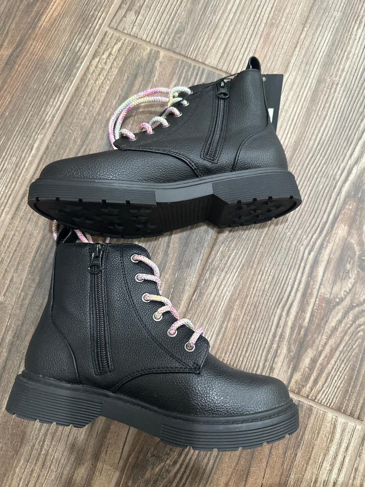 Art Class Combat Boots Kids Size 2 Black Rainbow Laces Side Zip NWT3