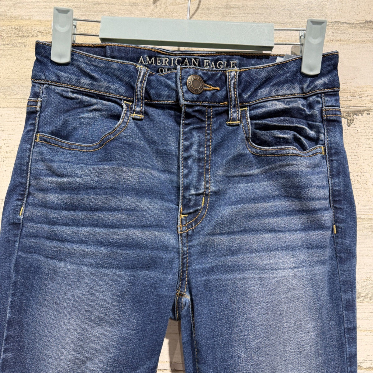 American Eagle Hi-Rise Jegging Women 2 Blue Super Stretch Distressed *Flawed2