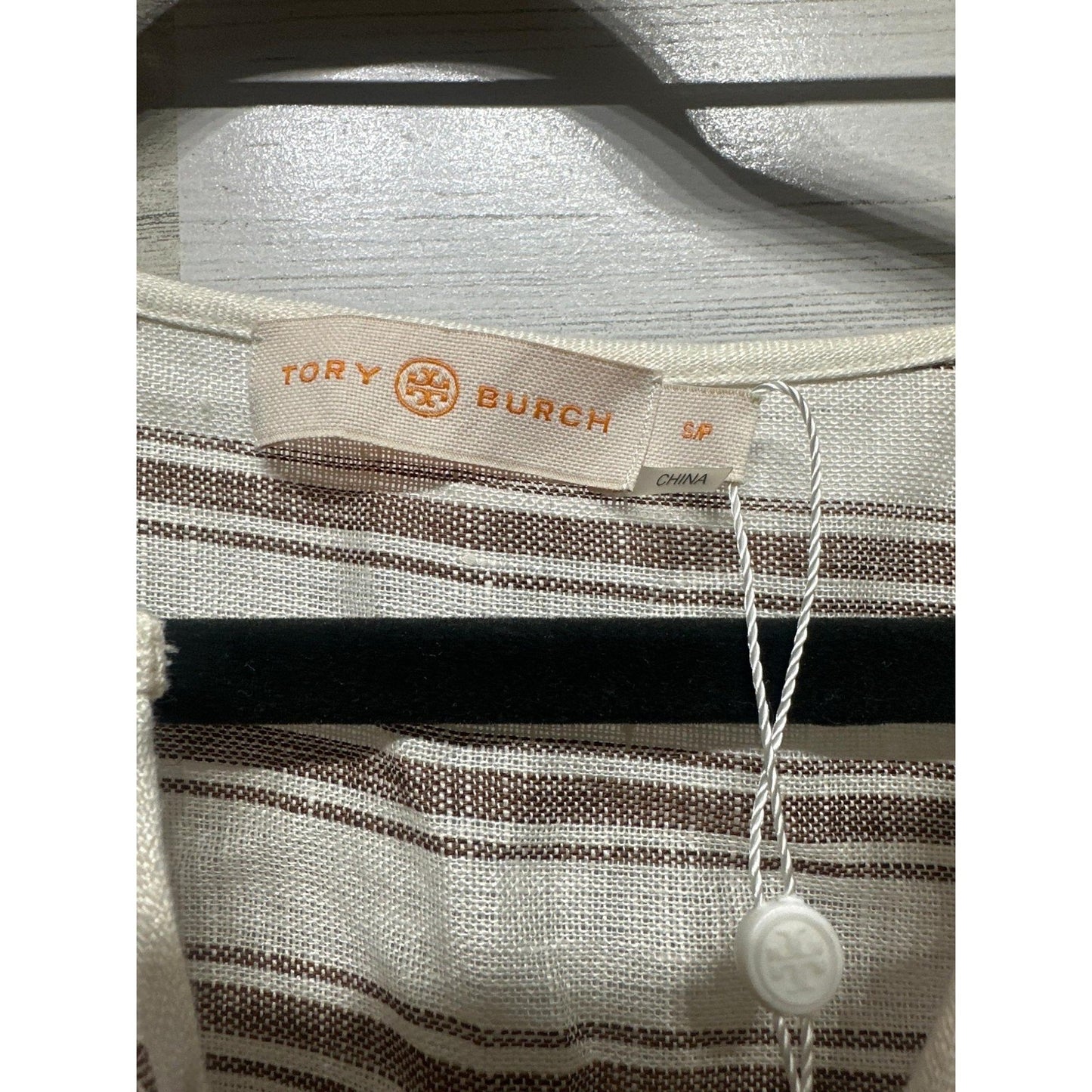 Tory Burch Striped Midi Caftan Women Small Ivory Anise Brown Linen Pom-Pom NWT8