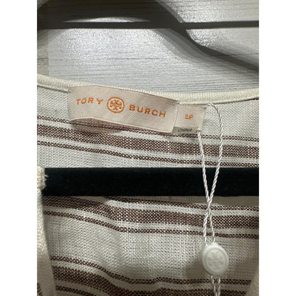 Tory Burch Striped Midi Caftan Women Small Ivory Anise Brown Linen Pom-Pom NWT8