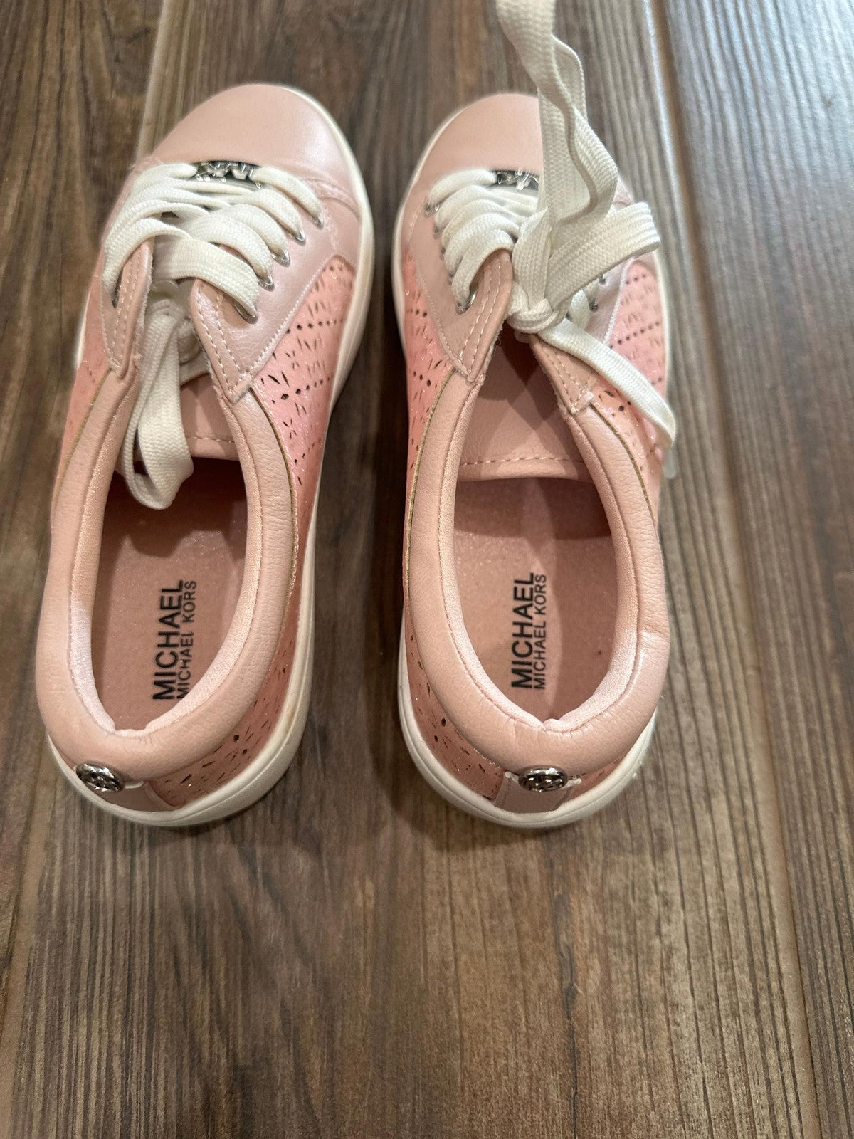 Michael Kors Sneakers Girls Size 3 Pink Laser Cut Floral Glitter GUC2