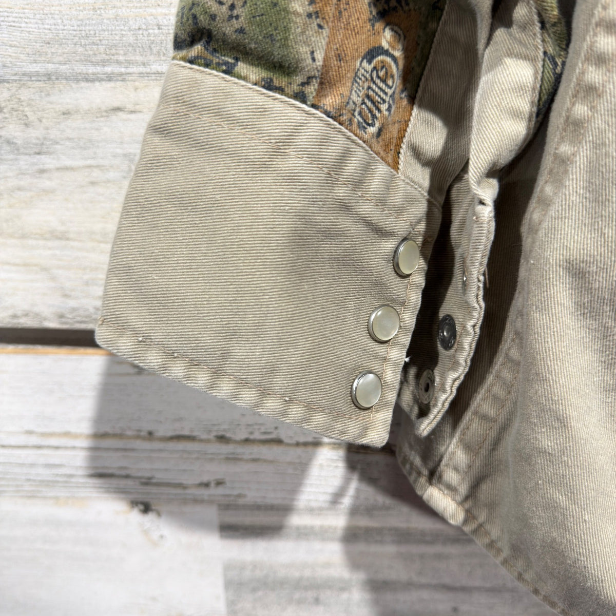 Rasco Cajun Camo Western Work Shirt Men Small Tan Green Pearl Snap Flawed*7