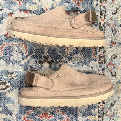 UGG Goldenstar Clog Women 5.5 Driftwood Suede Platform Strap Comfort GUC1