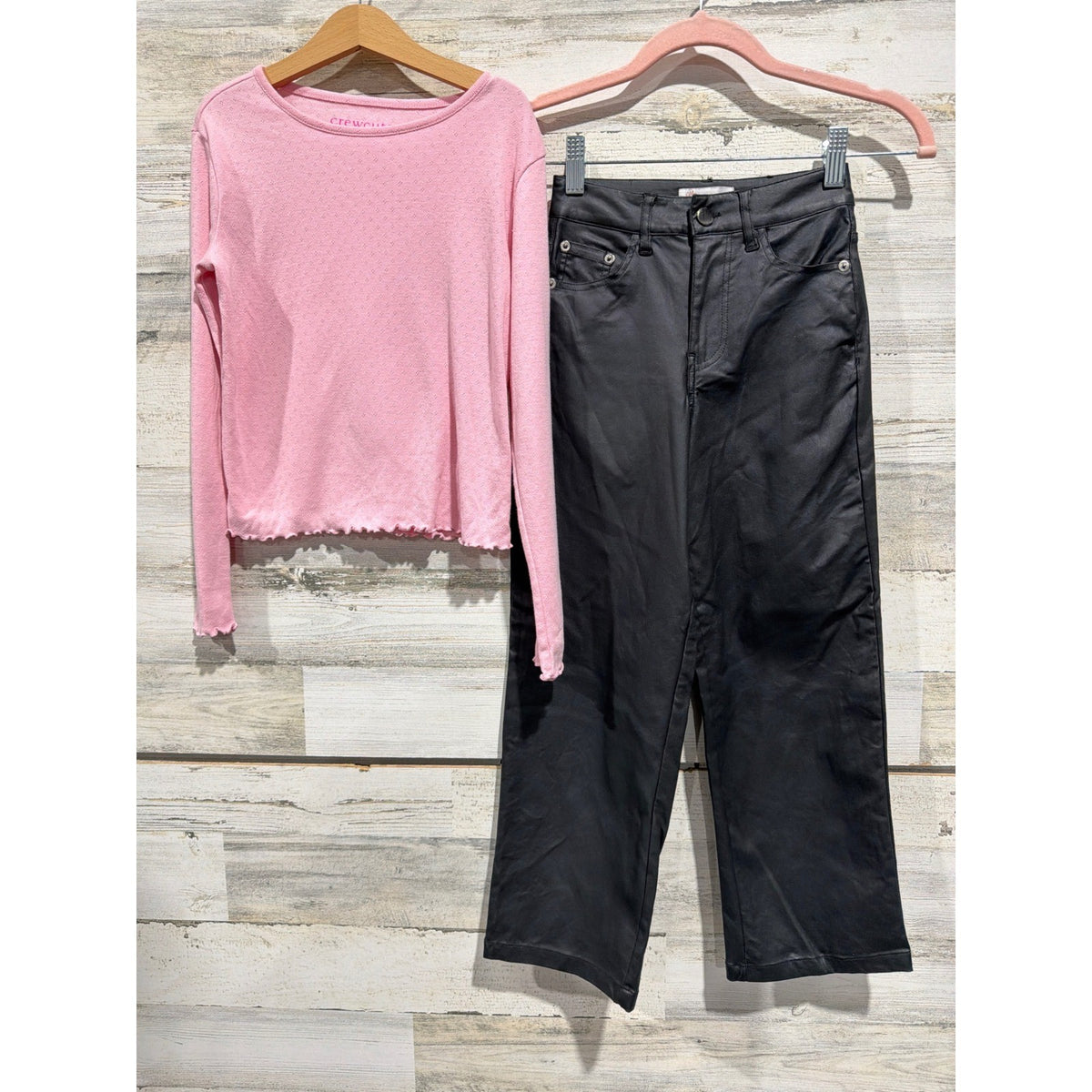 Crewcuts GB Outfit Set Girls 8 Pink Pointelle Top Black Faux Leather Pants EUC0