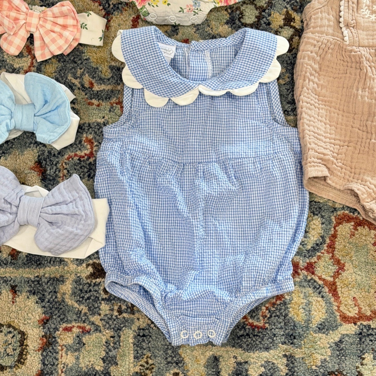 Mud Pie Baby Starters Romper Lot Girls 6-9M Floral Gingham Gauze EUC3