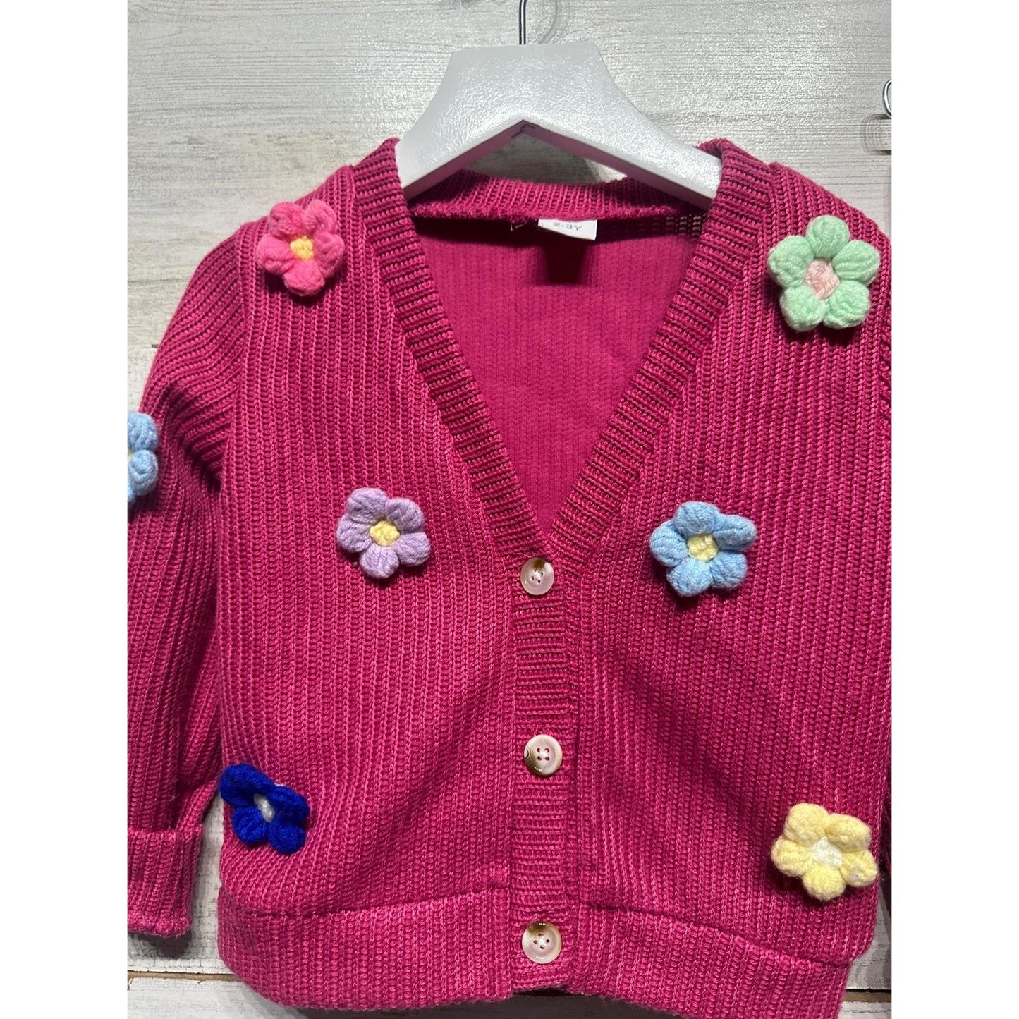 Boutique Knit Sweater Set Girls 2-3Y Magenta Flower Crochet Flare Pants *Flawed1
