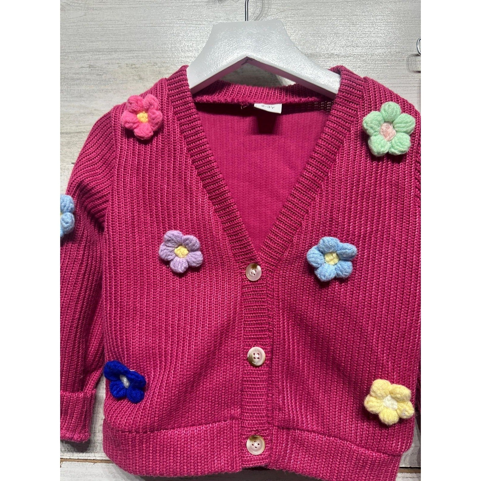 Boutique Knit Sweater Set Girls 2-3Y Magenta Flower Crochet Flare Pants *Flawed1