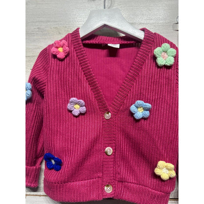 Boutique Knit Sweater Set Girls 2-3Y Magenta Flower Crochet Flare Pants *Flawed1