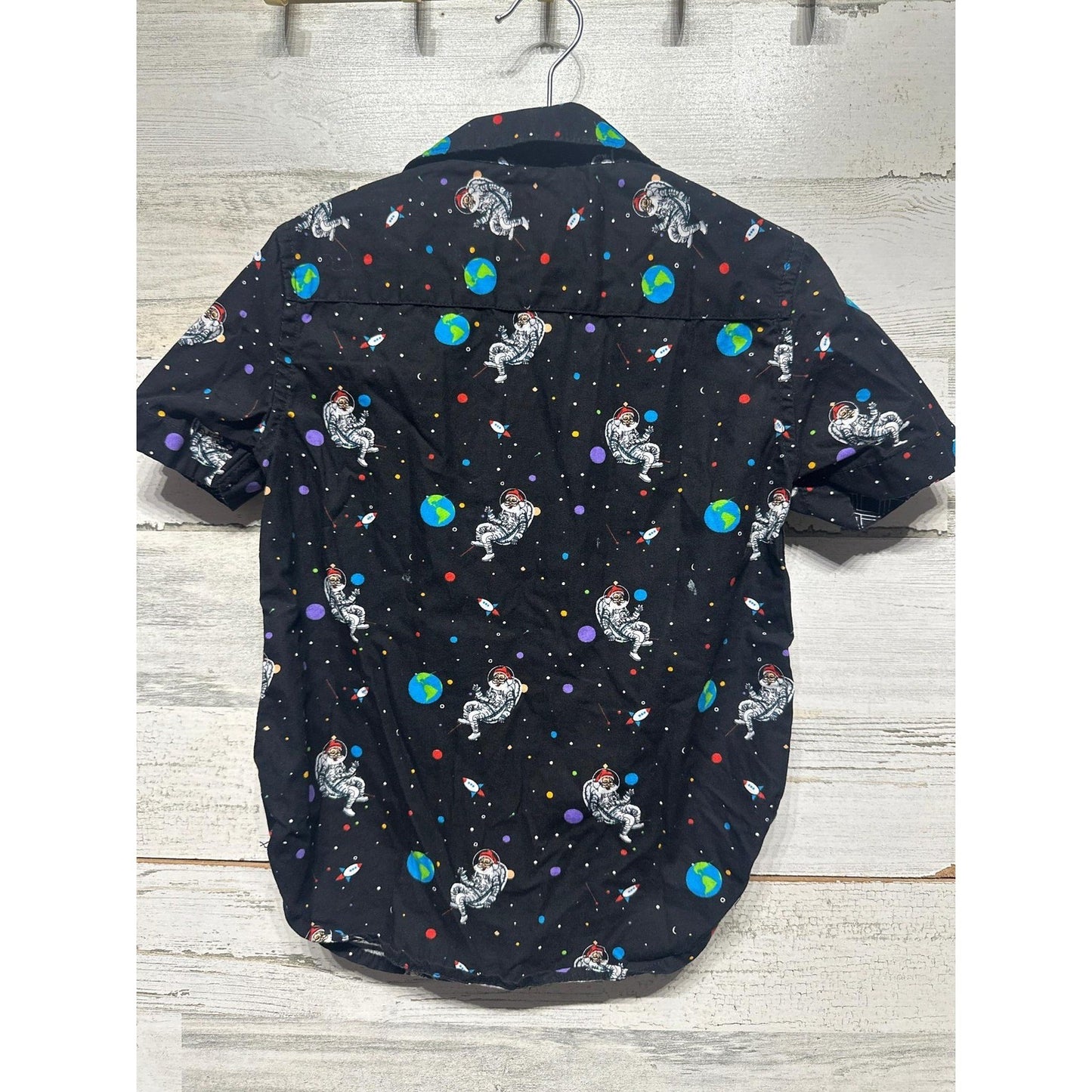 Denim & Flower Button Up Boys Size 4 Black Santa Astronaut Space Holiday EUC3