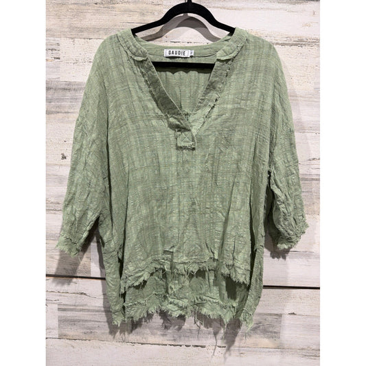 Gaudie V-Neck Blouse Women S Green Raw Edge Distressed Oversized Boho Lagenlook0
