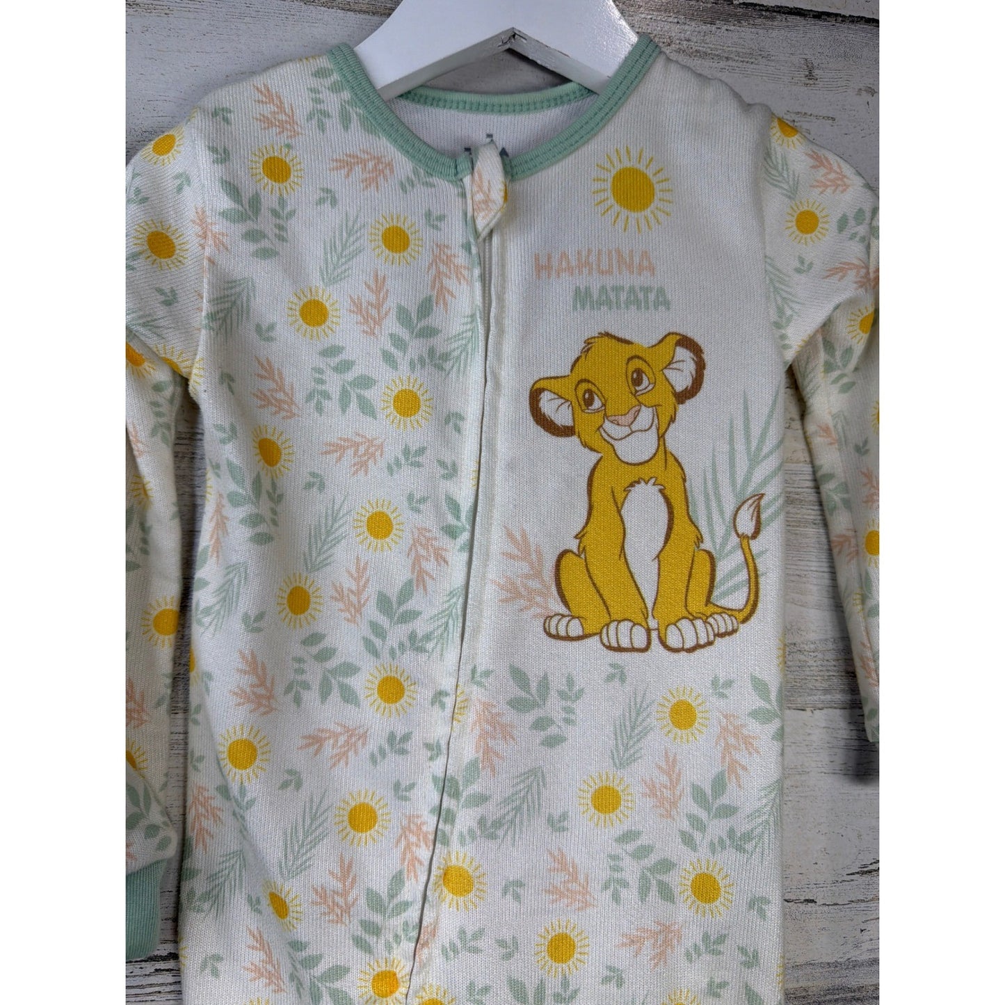 Disney Baby Girls 18M Green Cream Lion King Simba Floral Sleepwear EUC2