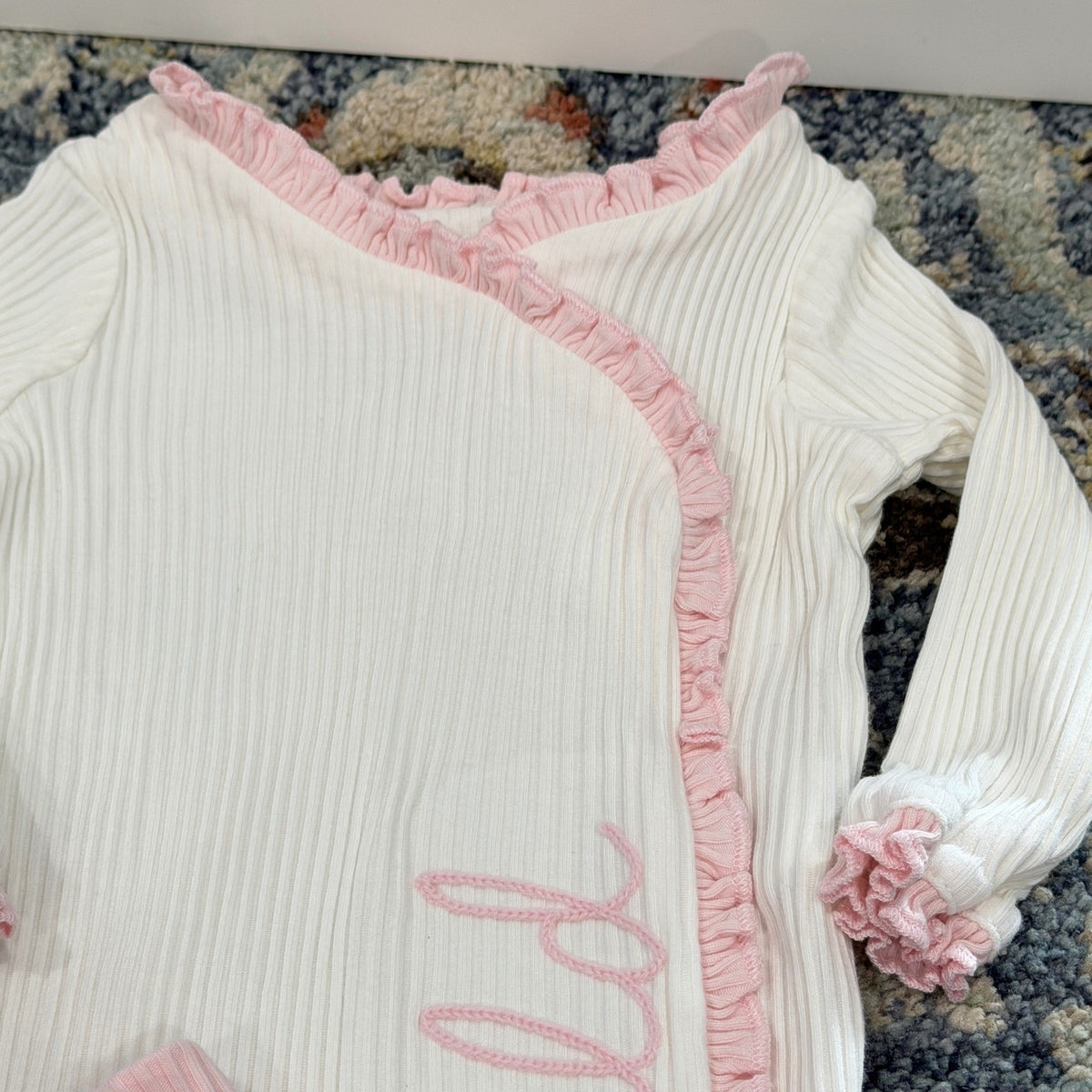 Mud Pie Hello World Sleeper Gown Girls 0-3M White Pink Ruffle Ribbed EUC3