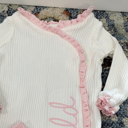 Mud Pie Hello World Sleeper Gown Girls 0-3M White Pink Ruffle Ribbed EUC3
