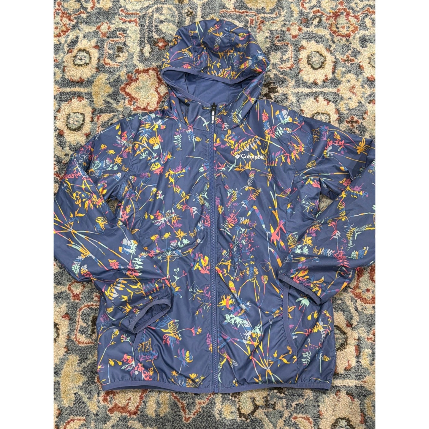 Columbia Reversible Jacket Girls L 14/16 Navy Floral Windbreaker Hooded EUC0