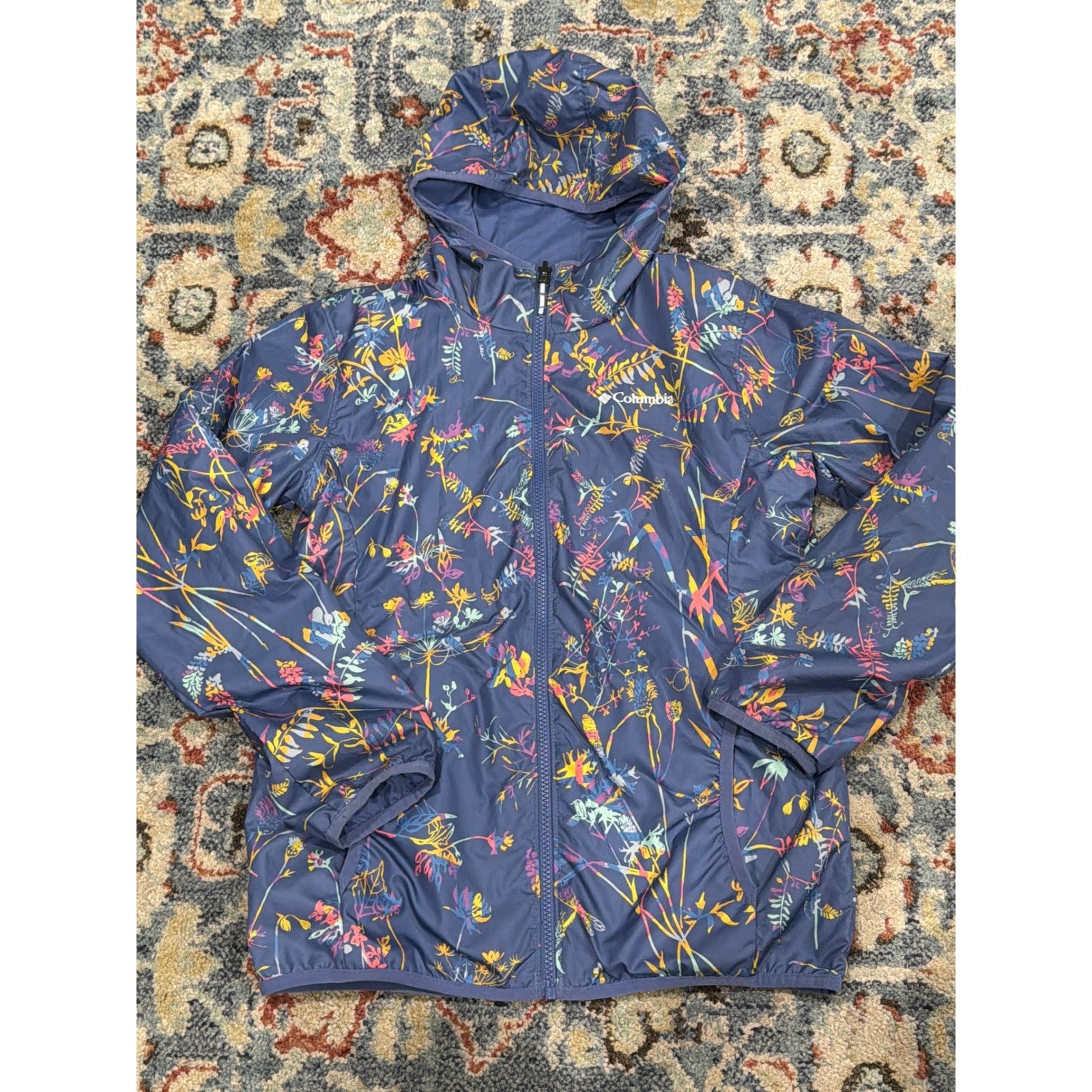 Columbia Reversible Jacket Girls L 14/16 Navy Floral Windbreaker Hooded EUC0