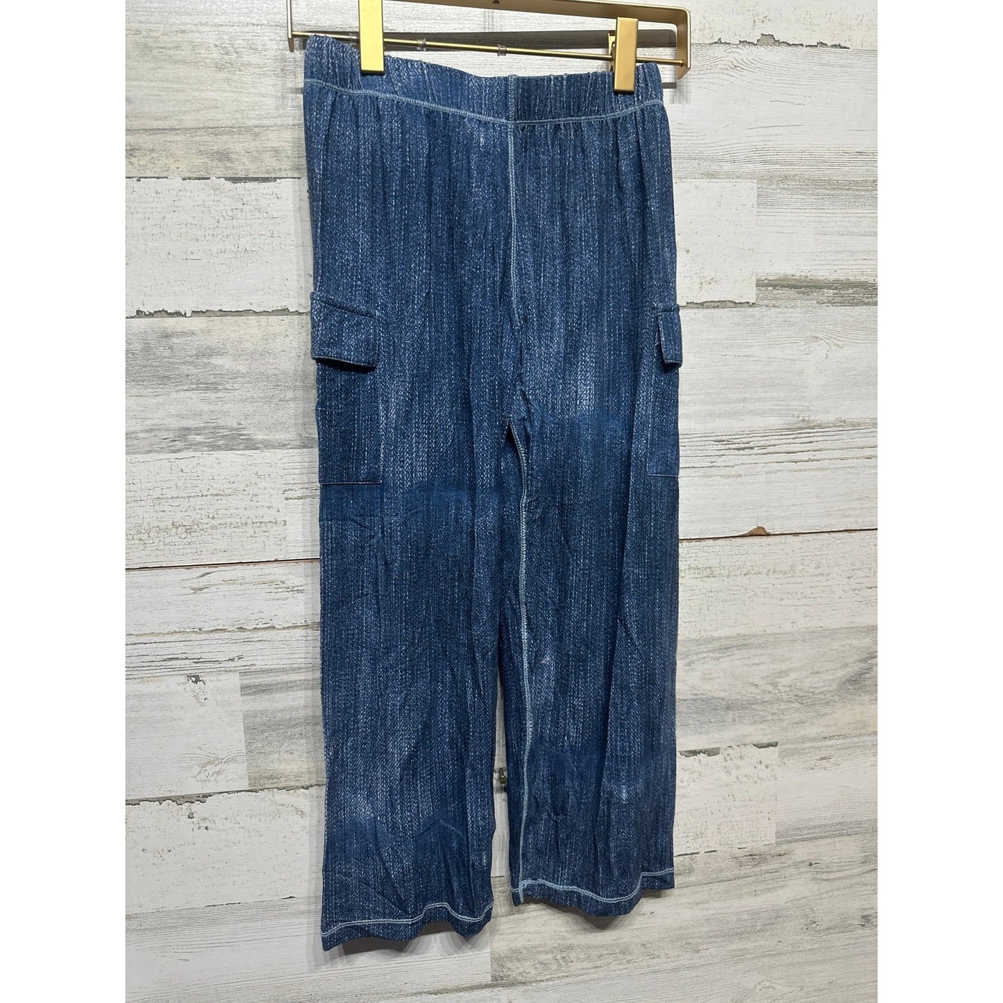 Kickee Pants Cargo Bamboo Pants Boys 8 Blue Denim Print Elastic Waist NWT0