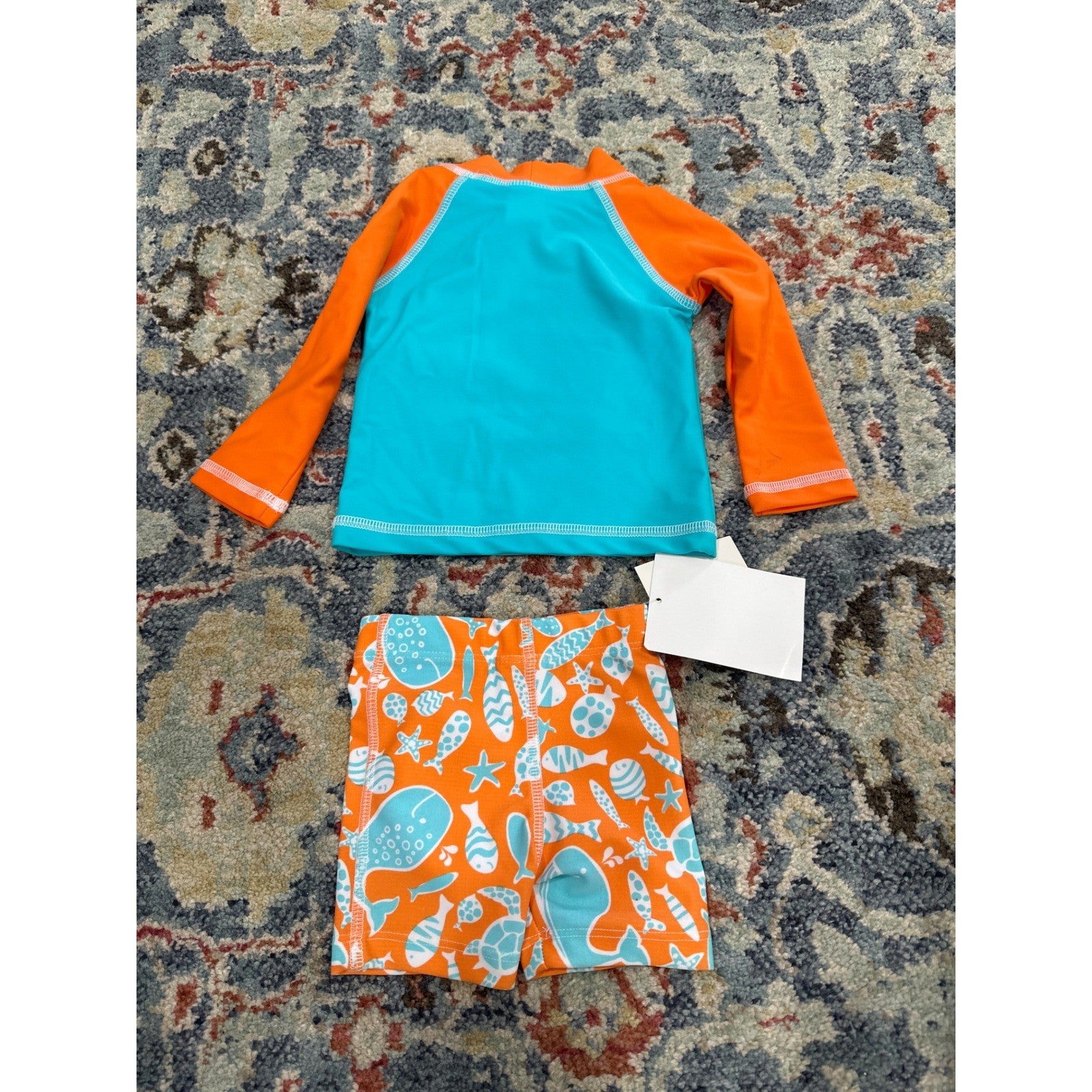Flap Happy Rash Guard Swim Trunk Set Boys 6M Blue Orange Turtle Sea Life NWT3