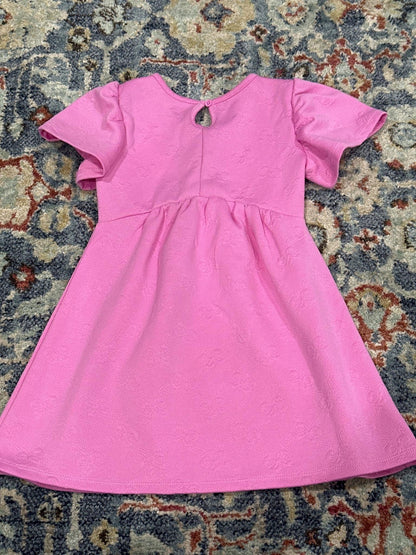 Barbie Dress Girls 4T Pink Textured Puff Sleeve Embossed Bows EUC3