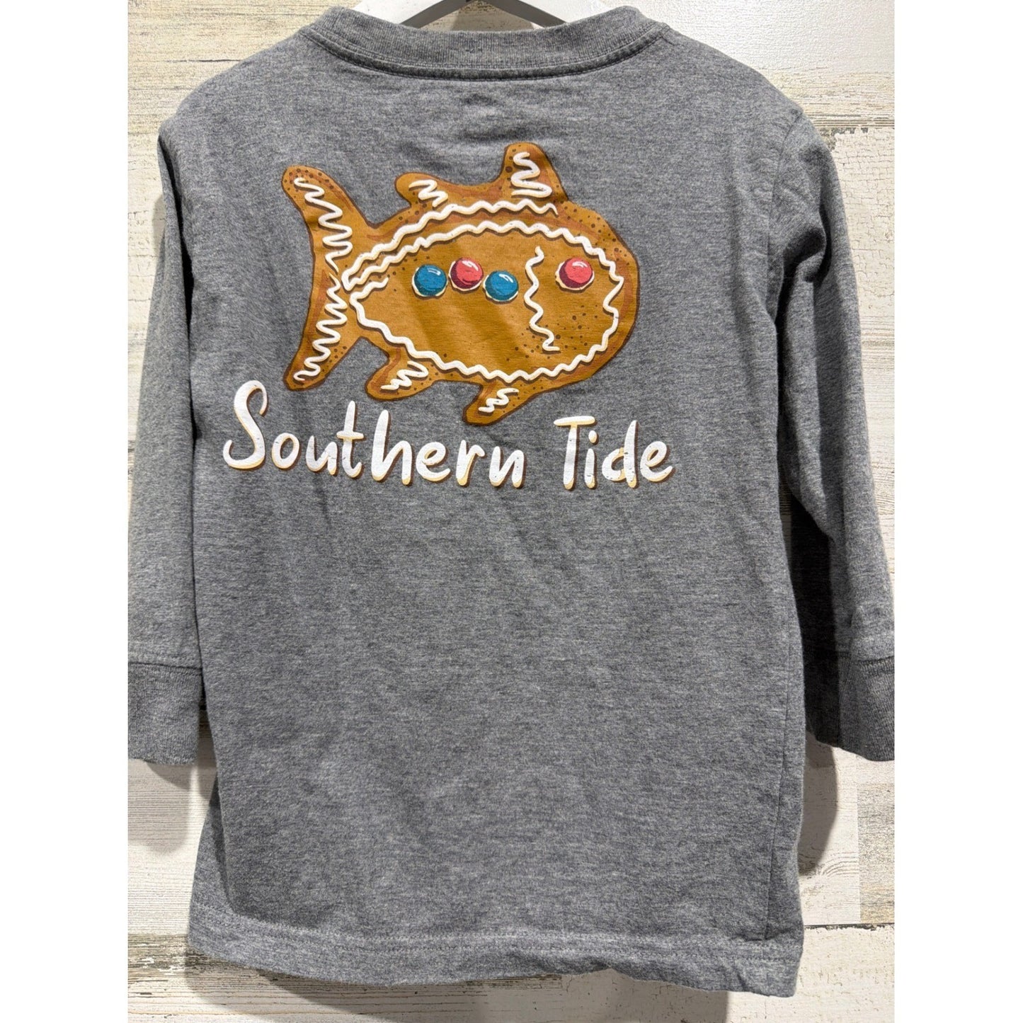 Southern Tide Long Sleeve Shirt Boys XS Gray Gingerbread Fish Holiday Prep EUC3