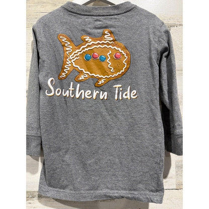 Southern Tide Long Sleeve Shirt Boys XS Gray Gingerbread Fish Holiday Prep EUC3