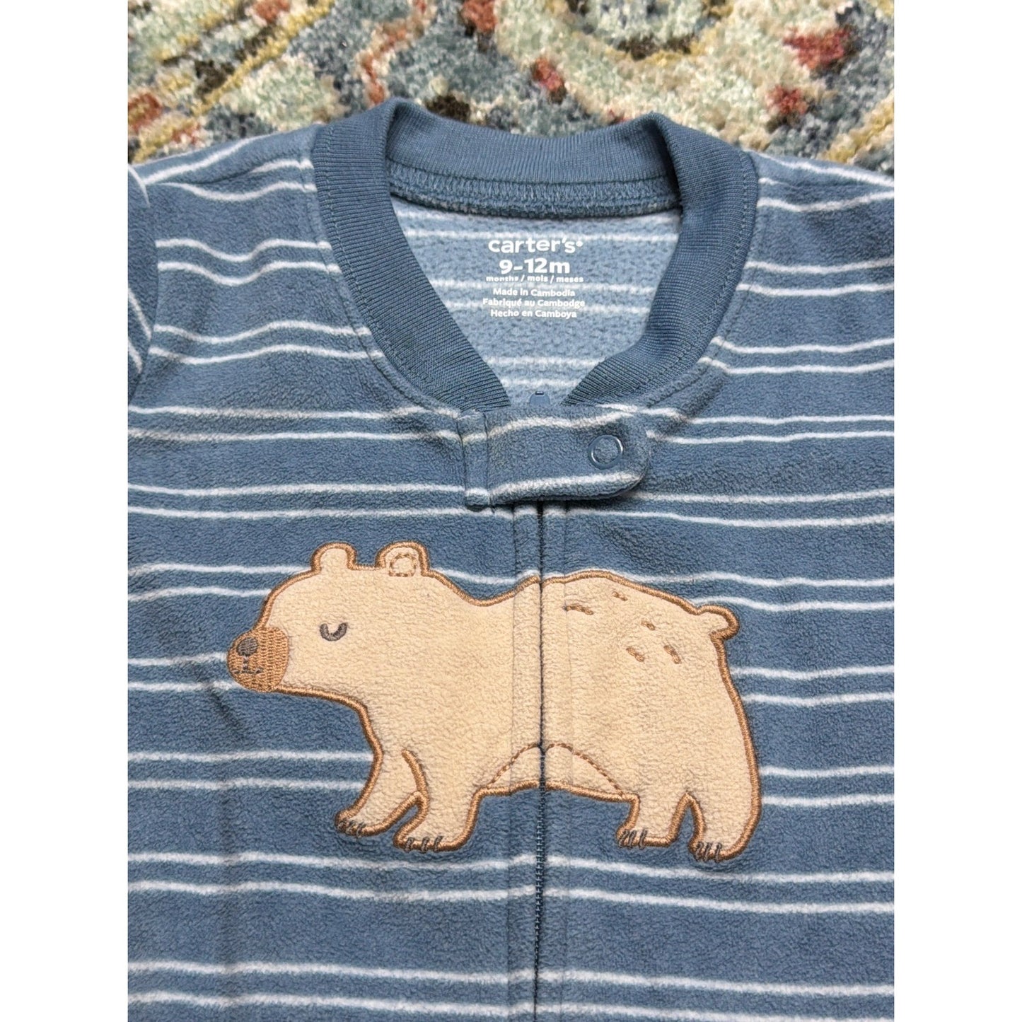 Carter's Fleece Wearable Blanket Boys 9-12M Blue Striped Bear Cabin EUC1