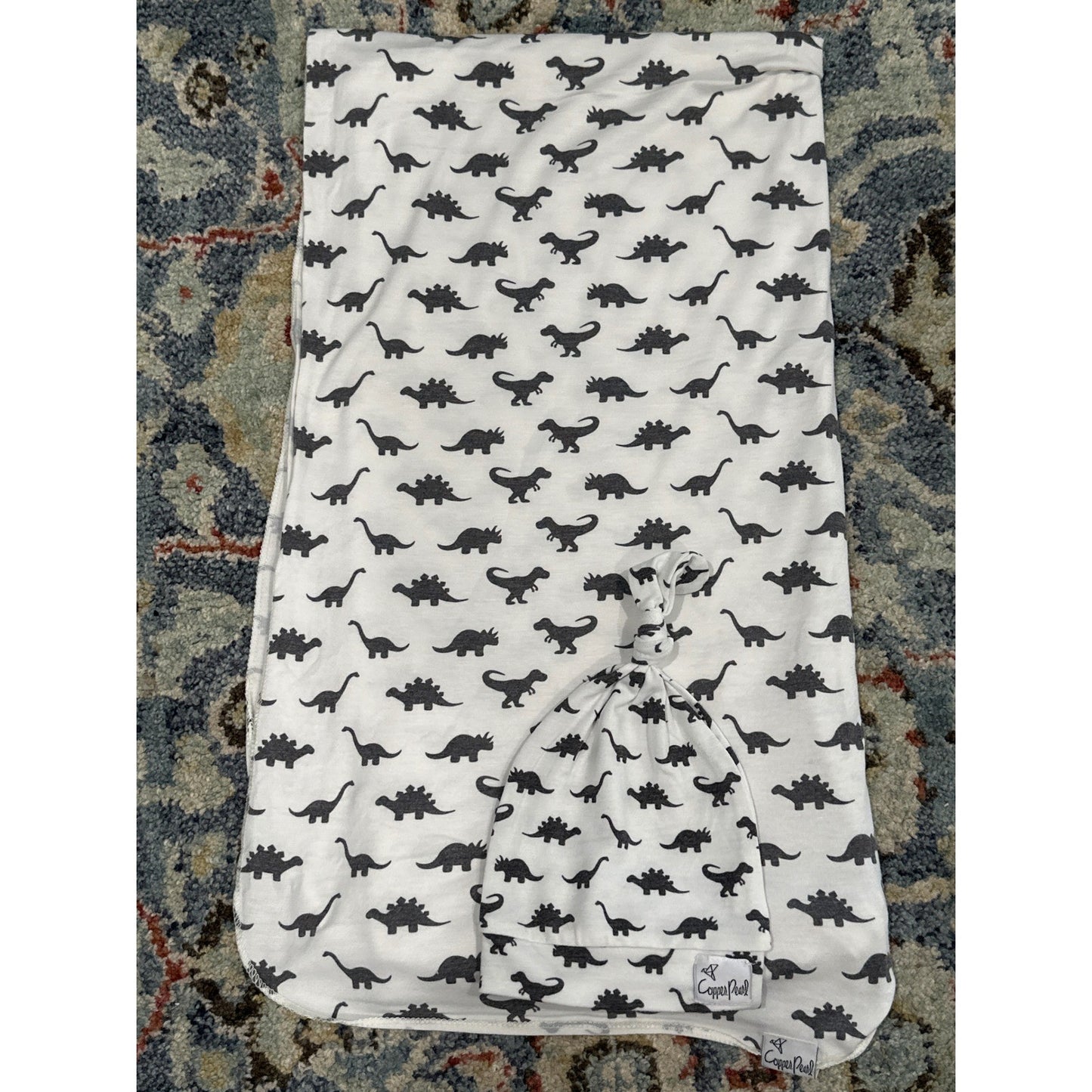 Copper Pearl Swaddle Blanket & Hat Set White Gray Dinosaur2