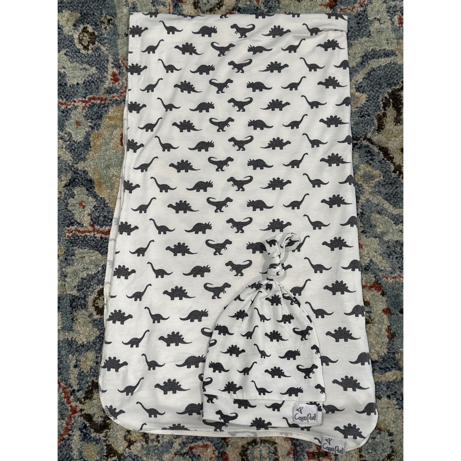 Copper Pearl Swaddle Blanket & Hat Set White Gray Dinosaur2