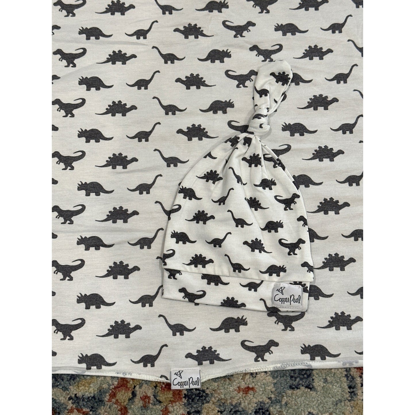 Copper Pearl Swaddle Blanket & Hat Set White Gray Dinosaur1