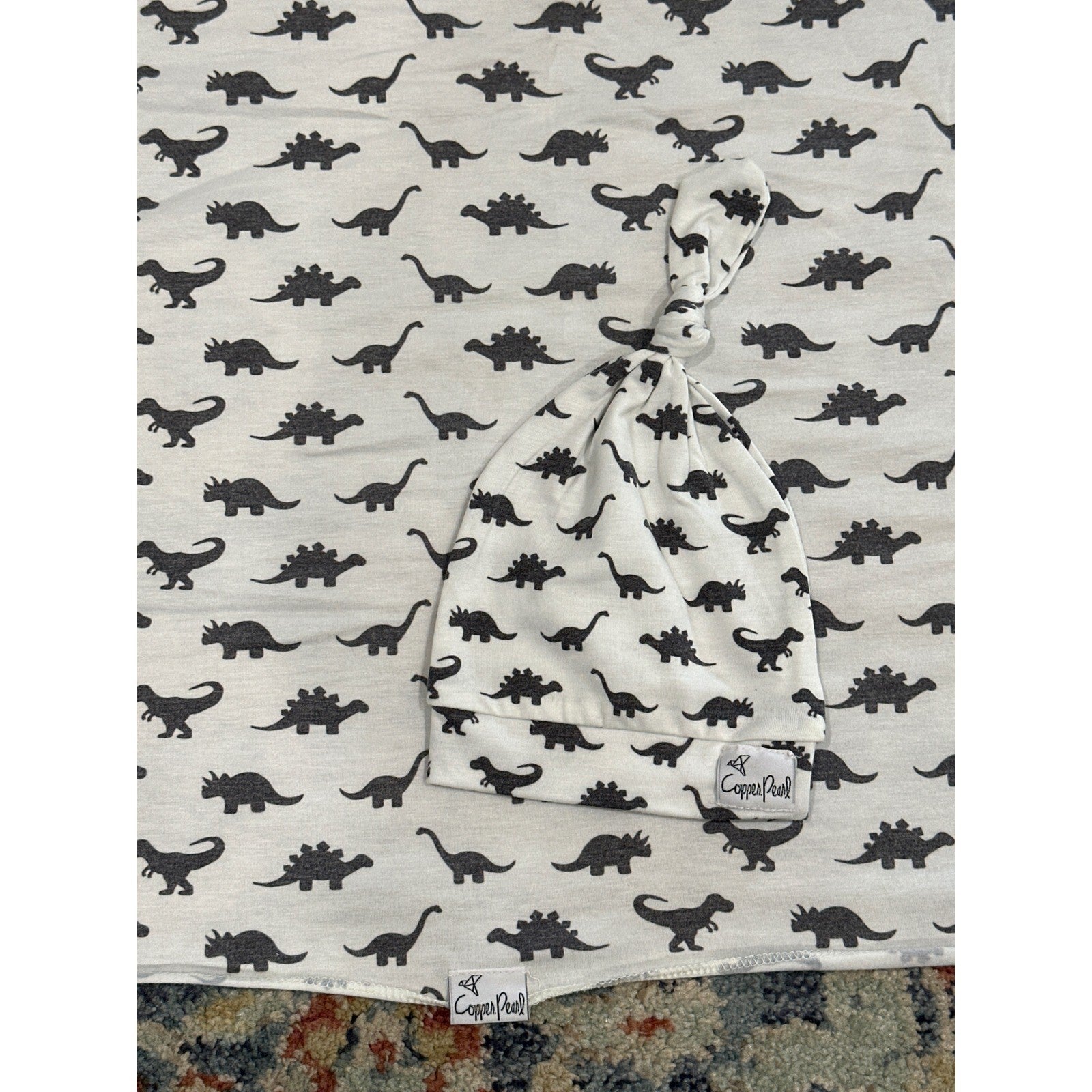 Copper Pearl Swaddle Blanket & Hat Set White Gray Dinosaur1