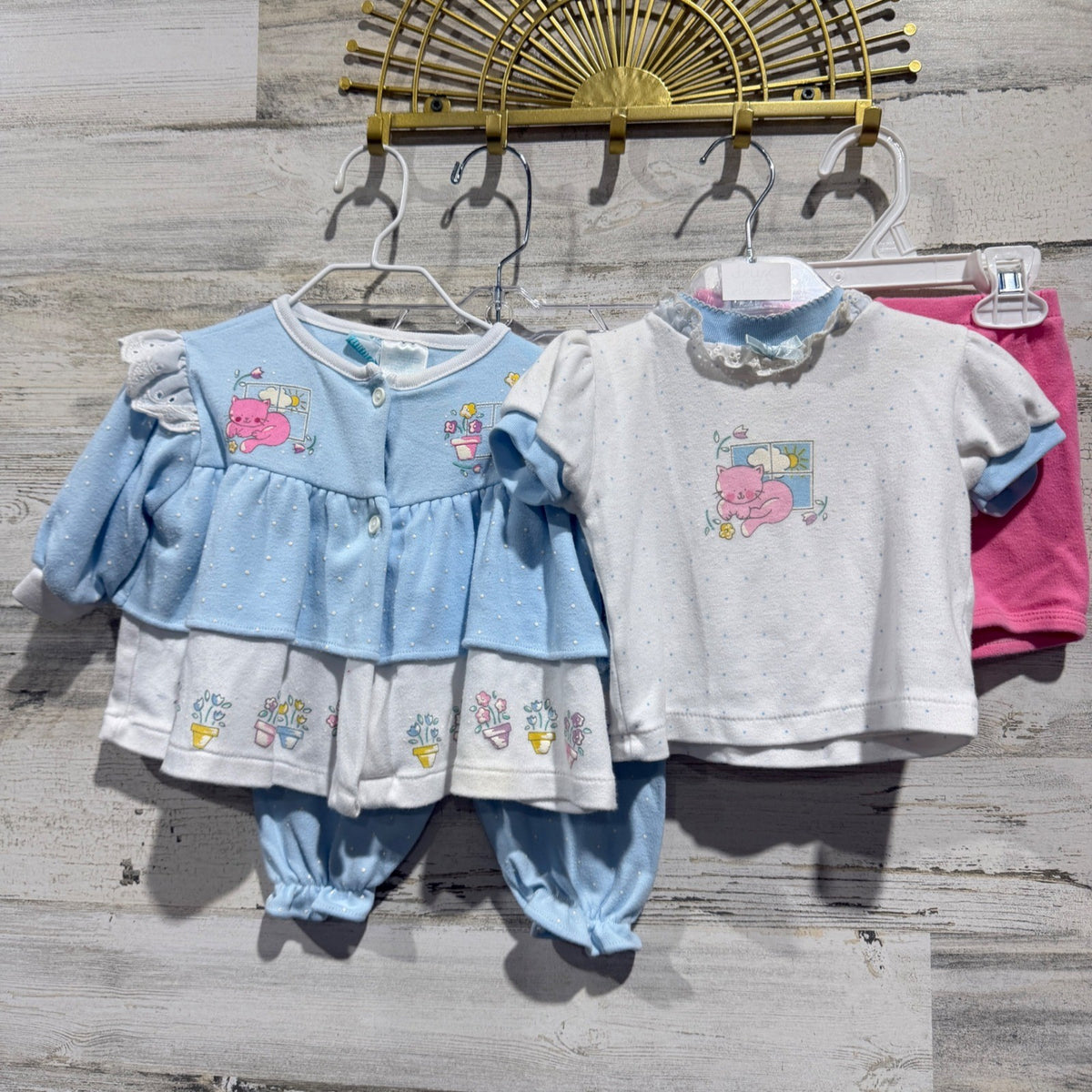 Vintage Kitten Graphic 3pc Outfit Set Girls 6-9 Months Blue Pink Cotton Flawed*0
